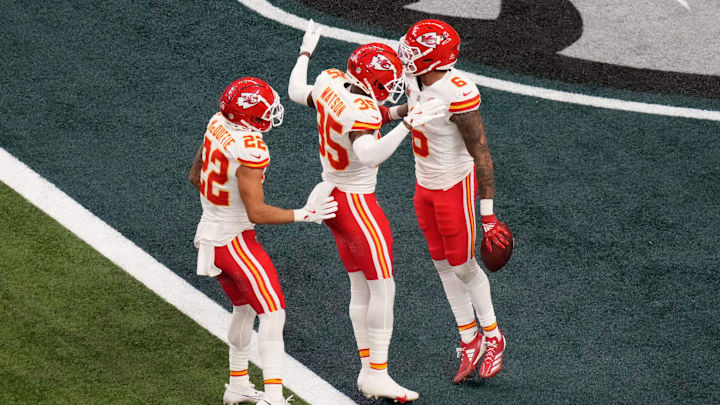 Feb 9, 2025; New Orleans, LA, USA; Kansas City Chiefs safety Bryan Cook (6) reacts with cornerback Jaylen Watson (35) and cornerback Trent McDuffie (22) after an interception during the second quarter in Super Bowl LIX  against the Philadelphia Eagles at Caesars Superdome. Mandatory Credit: Kirby Lee-Imagn Images