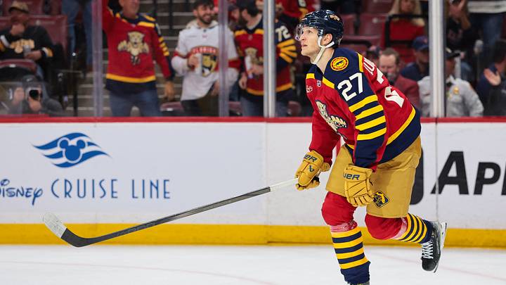 Feb 4, 2026; Sunrise, Florida, USA; Florida Panthers center Eetu Luostarinen (27) looks on after scoring against the Boston Bruins during the first period at Amerant Bank Arena. Mandatory Credit: Sam Navarro-Imagn Images Feb 4, 2026; Sunrise, Florida, USA; Florida Panthers center Eetu Luostarinen (27) looks on after scoring against the Boston Bruins during the first period at Amerant Bank Arena. Mandatory Credit: Sam Navarro-Imagn Images