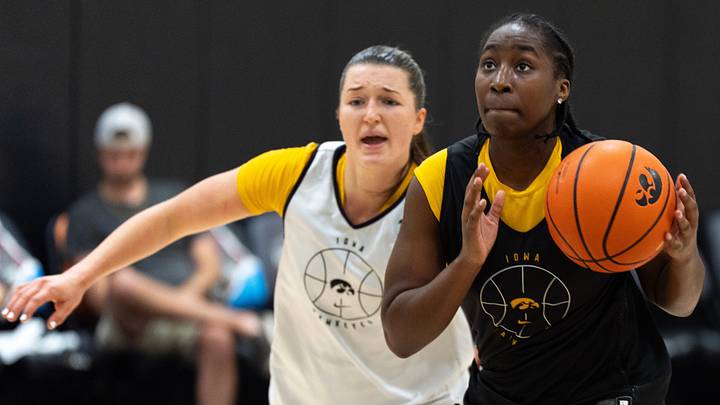Iowa guard Dani Carnegie drives toward the basket as Taylor Stremlow defends during an Iowa women’s basketball practice July 23, 2026 at Carver-Hawkeye Arena in Iowa City, Iowa. Iowa guard Dani Carnegie drives toward the basket as Taylor Stremlow defends during an Iowa women’s basketball practice July 23, 2026 at Carver-Hawkeye Arena in Iowa City, Iowa.