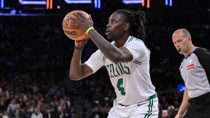 Apr 8, 2025; New York, New York, USA; Boston Celtics guard Jrue Holiday (4) shoots the ball during the second half against the New York Knicks at Madison Square Garden. Mandatory Credit: John Jones-Imagn Images