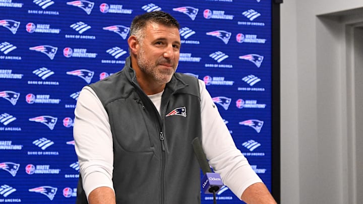 May 9, 2025; Foxborough, MA, USA;  New England Patriots head coach Mike Vrabel speaks the to media during a press conference at Gillette Stadium. Mandatory Credit: Eric Canha-Imagn Images
