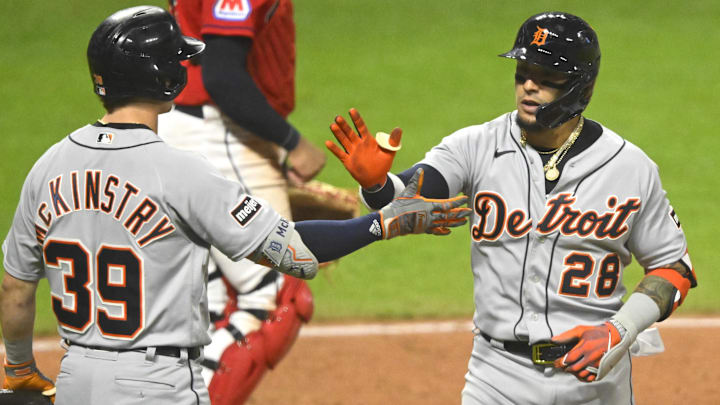 Aug 19, 2023; Cleveland, Ohio, USA; Detroit Tigers shortstop Javier Baez (28) celebrates his solo home run with second baseman Zach McKinstry (39) in the seventh inning against the Cleveland Guardians at Progressive Field. Aug 19, 2023; Cleveland, Ohio, USA; Detroit Tigers shortstop Javier Baez (28) celebrates his solo home run with second baseman Zach McKinstry (39) in the seventh inning against the Cleveland Guardians at Progressive Field.