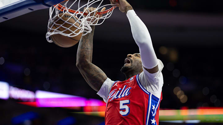 Dec 13, 2024; Philadelphia, Pennsylvania, USA; Philadelphia 76ers center Andre Drummond (5) dunks the ball against the Indiana Pacers during the third quarter at Wells Fargo Center. Mandatory Credit: Bill Streicher-Imagn Images