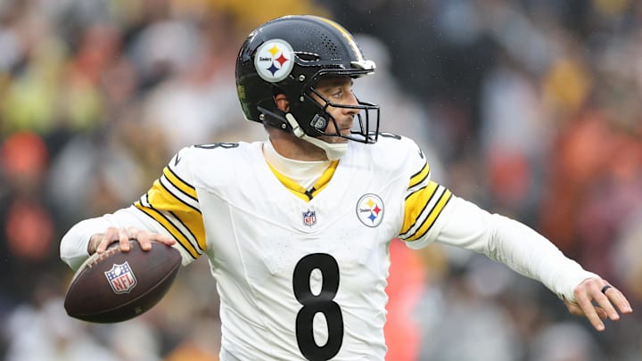 Dec 28, 2025; Cleveland, Ohio, USA;  Pittsburgh Steelers quarterback Aaron Rodgers (8) looks to throw in the first quarter against the Cleveland Browns at Huntington Bank Field. Mandatory Credit: Scott Galvin-Imagn Images