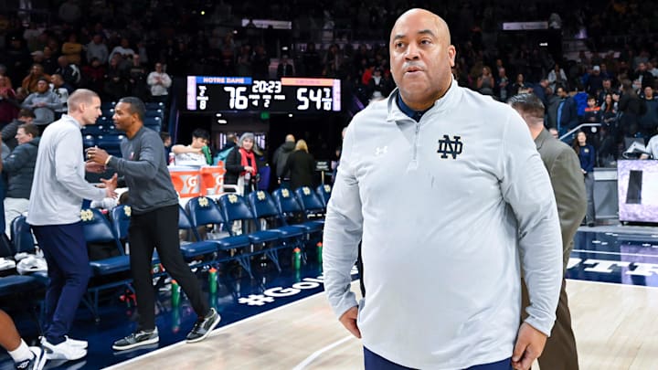 Dec 30, 2023; South Bend, Indiana, USA; Notre Dame Fighting Irish head coach Micah Shrewsberry walks