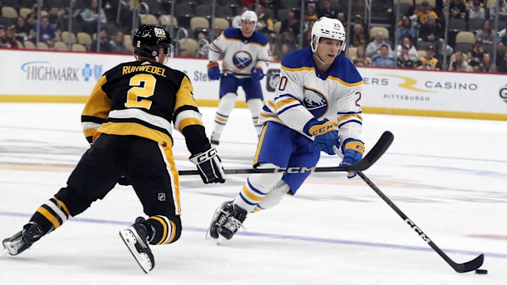 Sep 28, 2023; Pittsburgh, Pennsylvania, USA; Buffalo Sabres center Jiri Kulich (20) moves the puck