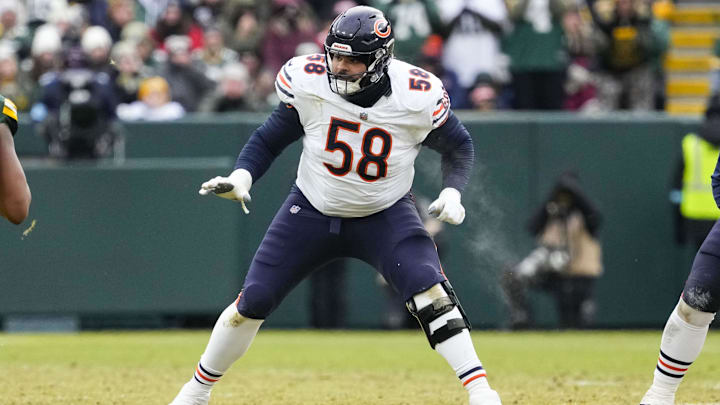 Bears right tackle Darnell Wright was fined for using his helmet while blocking in the Black Friday win over Philadelphia. Bears right tackle Darnell Wright was fined for using his helmet while blocking in the Black Friday win over Philadelphia.