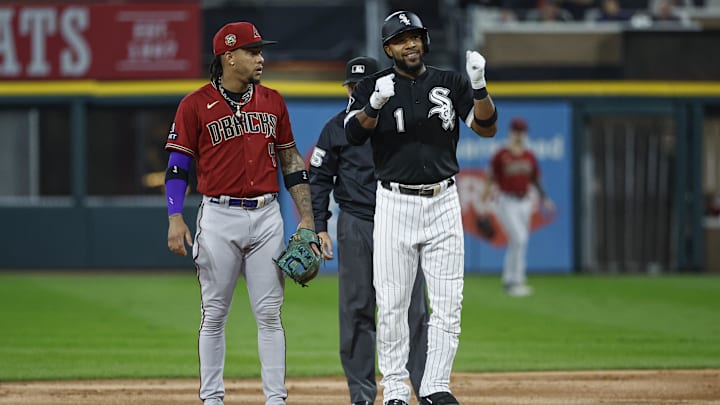Sep 26, 2023; Chicago, Illinois, USA; Chicago White Sox shortstop Elvis Andrus (1) clebrates after