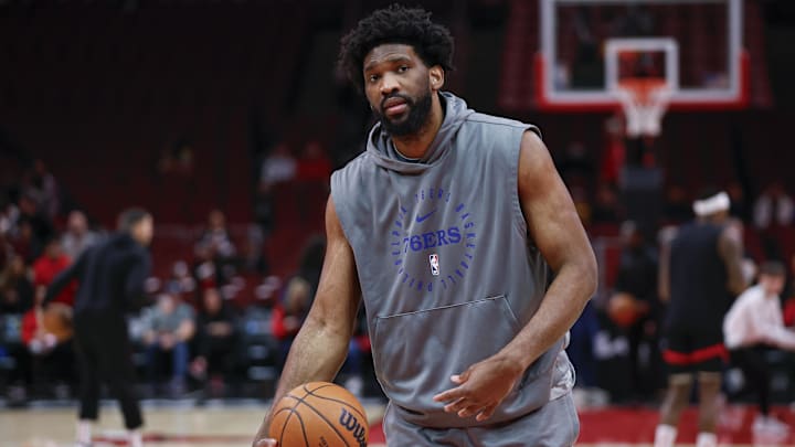 Dec 8, 2024; Chicago, Illinois, USA; Philadelphia 76ers center Joel Embiid (21) warms up before a basketball game against the Chicago Bulls at United Center. Mandatory Credit: Kamil Krzaczynski-Imagn Images