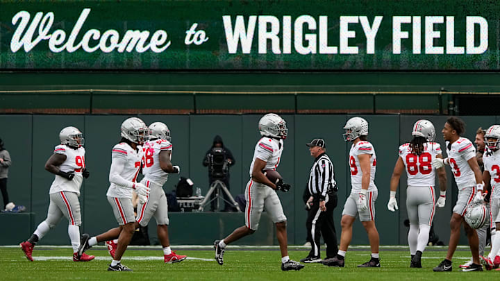 Ohio State Buckeyes cornerback Davison Igbinosun (1) celebrates a fumble recovery during the first half of the NCAA football game against the Northwestern Wildcats at Wrigley Field in Chicago on Saturday, Nov. 16, 2024.