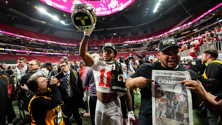 Ohio State Buckeyes linebacker C.J. Hicks (11) leaves the field following the 34-23 win over the Notre Dame Fighting Irish to win the College Football Playoff National Championship at Mercedes-Benz Stadium in Atlanta on Jan. 21, 2025. Ohio State Buckeyes linebacker C.J. Hicks (11) leaves the field following the 34-23 win over the Notre Dame Fighting Irish to win the College Football Playoff National Championship at Mercedes-Benz Stadium in Atlanta on Jan. 21, 2025.
