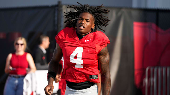 Ohio State Buckeyes wide receiver Jeremiah Smith (4) takes the field for football training camp at the Woody Hayes Athletic Center on Aug. 1, 2025.