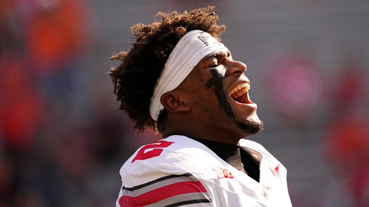 Ohio State Buckeyes defensive back Caleb Downs (2) yells during warm ups prior to the NCAA football game against the Illinois Fighting Illini at Gies Memorial Stadium in Champaign on Oct. 11, 2025. Ohio State Buckeyes defensive back Caleb Downs (2) yells during warm ups prior to the NCAA football game against the Illinois Fighting Illini at Gies Memorial Stadium in Champaign on Oct. 11, 2025.