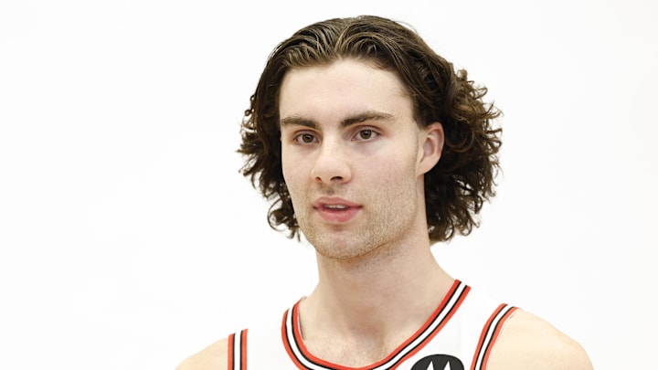 Sep 30, 2024; Chicago, Il, USA; Chicago Bulls guard Josh Giddey (3) poses during Chicago Bulls Media Day. Mandatory Credit: Kamil Krzaczynski-Imagn Images