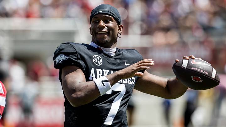 Apr 25, 2026; Fayetteville, AR, USA; Arkansas Razorbacks quarterback KJ Jackson (7) throws the ball on the sidelines during the spring game at Donald W. Reynolds Razorback Stadium. Mandatory Credit: Brett Rojo-Imagn Images Apr 25, 2026; Fayetteville, AR, USA; Arkansas Razorbacks quarterback KJ Jackson (7) throws the ball on the sidelines during the spring game at Donald W. Reynolds Razorback Stadium. Mandatory Credit: Brett Rojo-Imagn Images