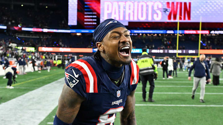 Jan 11, 2026; Foxborough, MA, USA; New England Patriots wide receiver Stefon Diggs (8) reacts after defeating the Los Angeles Chargers in an AFC Wild Card Round game at Gillette Stadium. Mandatory Credit: Eric Canha-Imagn Images