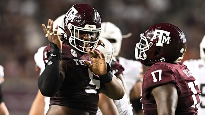 Sep 21, 2024; College Station, Texas, USA; Texas A&M Aggies defensive lineman Shemar Turner (5) celebrates after sacking Bowling Green Falcons quarterback Baron May, not pictured, during the third quarter at Kyle Field. Mandatory Credit: Maria Lysaker-Imagn Images. 