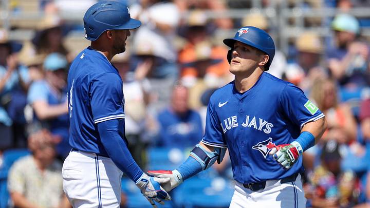 Mar 13, 2025; Dunedin, Florida, USA; Toronto Blue Jays outfielder Daulton Varsho (5) celebrates with outfielder George Springer (4) after hitting a two run home run against the Baltimore Orioles in the fifth inning during spring training at TD Ballpark. Mandatory Credit: Nathan Ray Seebeck-Imagn Images Mar 13, 2025; Dunedin, Florida, USA; Toronto Blue Jays outfielder Daulton Varsho (5) celebrates with outfielder George Springer (4) after hitting a two run home run against the Baltimore Orioles in the fifth inning during spring training at TD Ballpark. Mandatory Credit: Nathan Ray Seebeck-Imagn Images