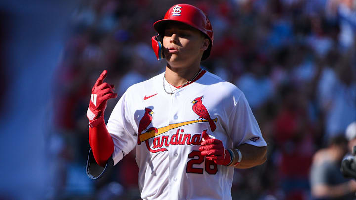Mar 26, 2026; St. Louis, Missouri, USA; St. Louis Cardinals second baseman JJ Wetherholt (26) reacts after hitting a solo home run for his first major league hit during his major league debut in the third inning against the Tampa Bay Rays at Busch Stadium. Mandatory Credit: Jeff Curry-Imagn Images