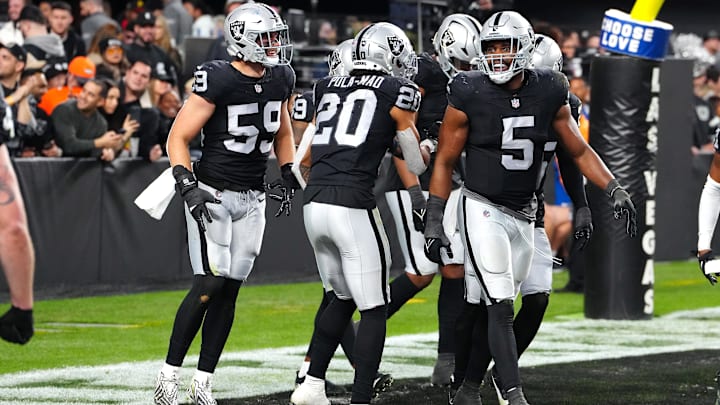 Jan 7, 2024; Paradise, Nevada, USA; Las Vegas Raiders players celebrate after Las Vegas Raiders