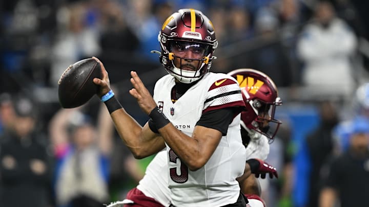 Jan 18, 2025; Detroit, Michigan, USA; Washington Commanders quarterback Jayden Daniels (5) throws a pass during the first quarter against Detroit Lions in a 2025 NFC divisional round game at Ford Field. Mandatory Credit: Lon Horwedel-Imagn Images Jan 18, 2025; Detroit, Michigan, USA; Washington Commanders quarterback Jayden Daniels (5) throws a pass during the first quarter against Detroit Lions in a 2025 NFC divisional round game at Ford Field. Mandatory Credit: Lon Horwedel-Imagn Images
