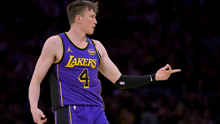 Apr 4, 2025; Los Angeles, California, USA; Los Angeles Lakers guard Dalton Knecht (4) reacts after a 3-point basket in the first half against the New Orleans Pelicans at Crypto.com Arena. Mandatory Credit: Jayne Kamin-Oncea-Imagn Images Apr 4, 2025; Los Angeles, California, USA; Los Angeles Lakers guard Dalton Knecht (4) reacts after a 3-point basket in the first half against the New Orleans Pelicans at Crypto.com Arena. Mandatory Credit: Jayne Kamin-Oncea-Imagn Images