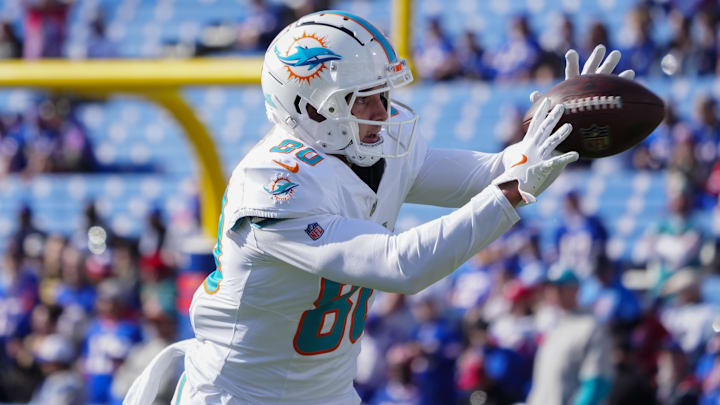  Miami Dolphins tight end Tanner Conner (80) warms up prior to the game at Highmark Stadium.