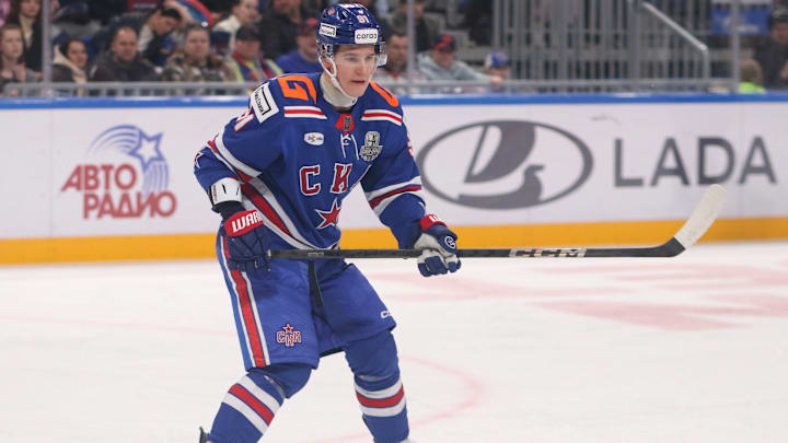 Ivan Demidov (91) of SKA Hockey Club seen in action during...