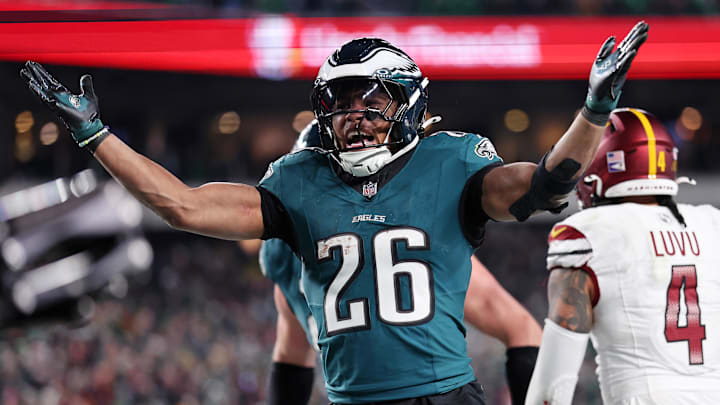 Jan 26, 2025; Philadelphia, PA, USA; Philadelphia Eagles running back Saquon Barkley (26) celebrates after a touchdown against the Washington Commanders during the second half in the NFC Championship game at Lincoln Financial Field.