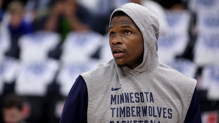 May 30, 2024; Minneapolis, Minnesota, USA; Minnesota Timberwolves guard Anthony Edwards (5) warms up before game five of the western conference finals for the 2024 NBA playoffs against the Dallas Mavericks at Target Center. Mandatory Credit: Jesse Johnson-Imagn Images