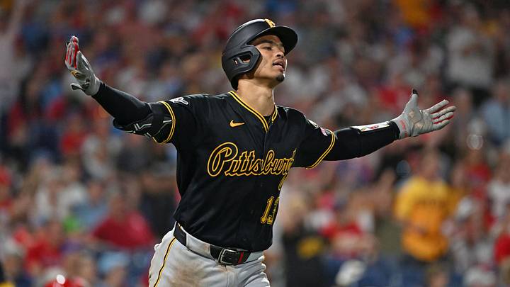 Jun 29, 2026; Philadelphia, Pennsylvania, USA; Pittsburgh Pirates catcher Endy Rodríguez (13) watches his three run home run against the Philadelphia Phillies during the ninth inning at Citizens Bank Park. Mandatory Credit: Eric Hartline-Imagn Images