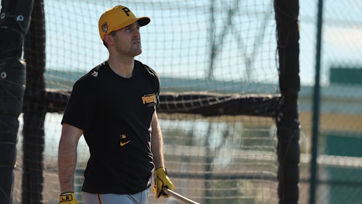 Feb 14, 2024; Bradenton, FL, USA; Pittsburgh Pirates catcher Jason Delay (55) workouts at Pirate City. Mandatory Credit: Kim Klement Neitzel-Imagn Images