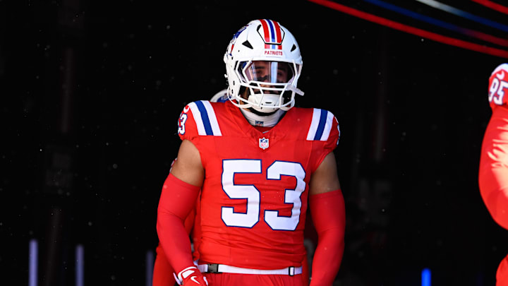 Dec 1, 2024; Foxborough, Massachusetts, USA; New England Patriots linebacker Christian Elliss (53) walks out of the player's tunnel before a game against the Indianapolis Colts at Gillette Stadium. Mandatory Credit: Eric Canha-Imagn Images