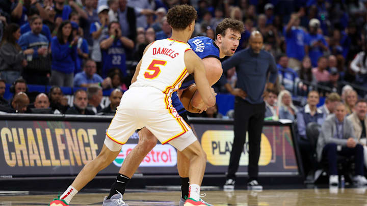 Apr 15, 2025; Orlando, Florida, USA; Orlando Magic forward Franz Wagner (22) is guarded by Atlanta Hawks guard Dyson Daniels (5) in the fourth quarter at Kia Center. Mandatory Credit: Nathan Ray Seebeck-Imagn Images Apr 15, 2025; Orlando, Florida, USA; Orlando Magic forward Franz Wagner (22) is guarded by Atlanta Hawks guard Dyson Daniels (5) in the fourth quarter at Kia Center. Mandatory Credit: Nathan Ray Seebeck-Imagn Images