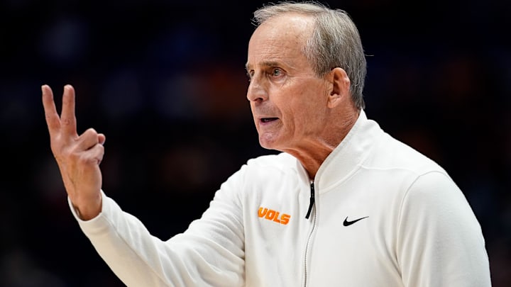 Tennessee head coach Rick Barnes works with his team against Texas 6during the second half of a Southeastern Conference tournament quarterfinal game at Bridgestone Arena in Nashville, Tenn., Friday, March 14, 2025.