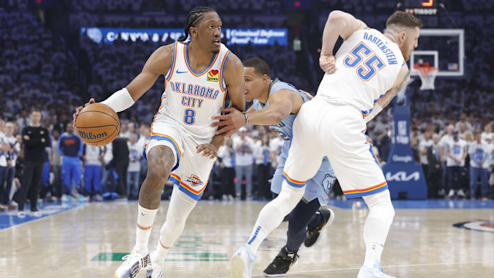 Apr 20, 2025; Oklahoma City, Oklahoma, USA; Oklahoma City Thunder forward Jalen Williams (8) drives to the basket against the Memphis Grizzlies during the first quarter at Paycom Center. Mandatory Credit: Alonzo Adams-Imagn Images