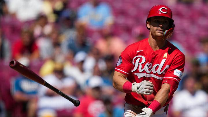 Sep 6, 2026; Cincinnati, Ohio, USA; Cincinnati Reds second baseman Matt McLain tosses his bat after he draws a walk against the Milwaukee Brewers in the eighth inning at Great American Ball Park. Mandatory Credit: Aaron Doster-Imagn Images Sep 6, 2026; Cincinnati, Ohio, USA; Cincinnati Reds second baseman Matt McLain tosses his bat after he draws a walk against the Milwaukee Brewers in the eighth inning at Great American Ball Park. Mandatory Credit: Aaron Doster-Imagn Images
