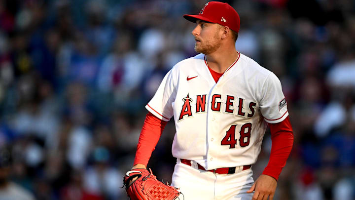 Jun 8, 2023; Anaheim, California, USA;  Los Angeles Angels starting pitcher Reid Detmers (48) looks