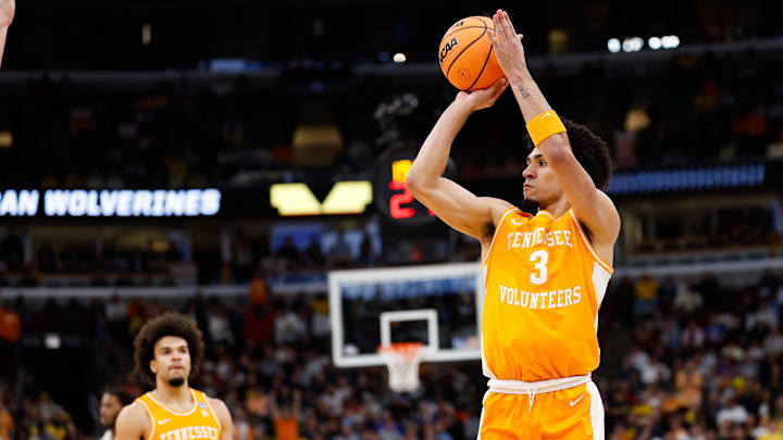 Mar 29, 2026; Chicago, IL, USA; Tennessee Volunteers guard Bishop Boswell (3) shoots in the first half against the Michigan Wolverines during an Elite Eight game of the Midwest Regional of the men's 2026 NCAA Tournament at United Center. Mandatory Credit: Kamil Krzaczynski-Imagn Images Mar 29, 2026; Chicago, IL, USA; Tennessee Volunteers guard Bishop Boswell (3) shoots in the first half against the Michigan Wolverines during an Elite Eight game of the Midwest Regional of the men's 2026 NCAA Tournament at United Center. Mandatory Credit: Kamil Krzaczynski-Imagn Images