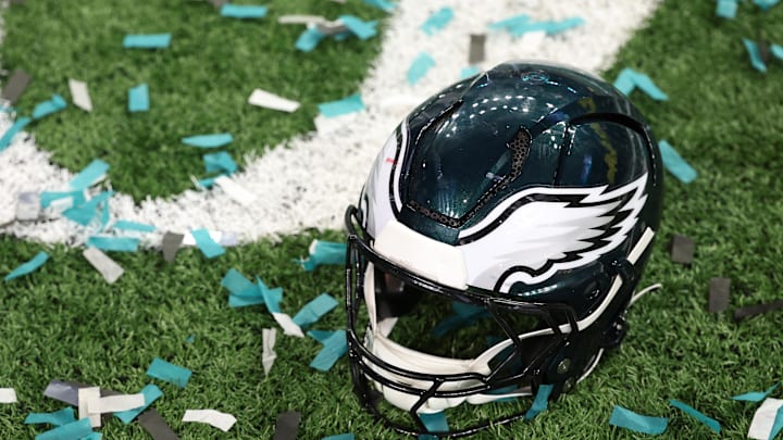 Feb 9, 2025; New Orleans, LA, USA; A Philadelphia Eagles player's helmet rests on the field after Super Bowl LIX against the Kansas City Chiefs at Caesars Superdome. Mandatory Credit: Geoff Burke-Imagn Images Feb 9, 2025; New Orleans, LA, USA; A Philadelphia Eagles player's helmet rests on the field after Super Bowl LIX against the Kansas City Chiefs at Caesars Superdome. Mandatory Credit: Geoff Burke-Imagn Images