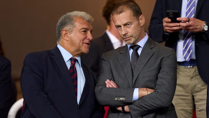 Joan Laporta et Aleksandr Ceferin, lors de FC Barcelone - PSG