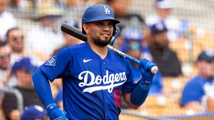 Mar 1, 2026; Phoenix, Arizona, USA; Los Angeles Dodgers catcher Eliezer Alfonzo against the Los Angeles Angels during a spring training game at Camelback Ranch-Glendale. Mandatory Credit: Mark J. Rebilas-Imagn Images Mar 1, 2026; Phoenix, Arizona, USA; Los Angeles Dodgers catcher Eliezer Alfonzo against the Los Angeles Angels during a spring training game at Camelback Ranch-Glendale. Mandatory Credit: Mark J. Rebilas-Imagn Images