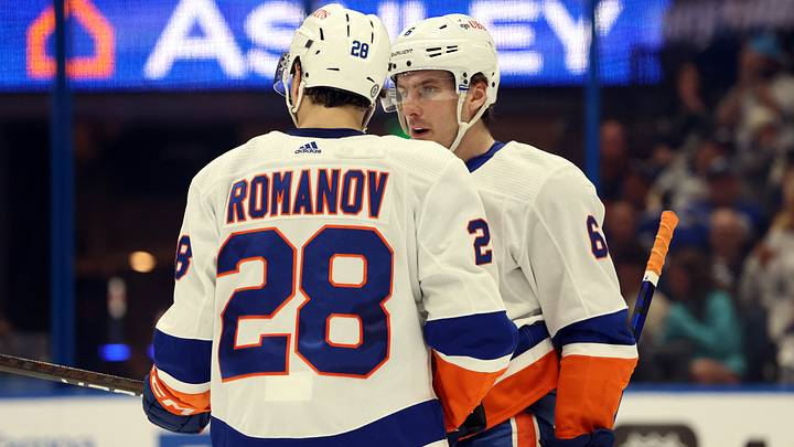 Mar 30, 2024; Tampa, Florida, USA; New York Islanders defenseman Ryan Pulock (6) and defenseman Alexander Romanov (28) talk against the Tampa Bay Lightning during the first period at Amalie Arena. Mandatory Credit: Kim Klement Neitzel-USA TODAY Sports Mar 30, 2024; Tampa, Florida, USA; New York Islanders defenseman Ryan Pulock (6) and defenseman Alexander Romanov (28) talk against the Tampa Bay Lightning during the first period at Amalie Arena. Mandatory Credit: Kim Klement Neitzel-USA TODAY Sports
