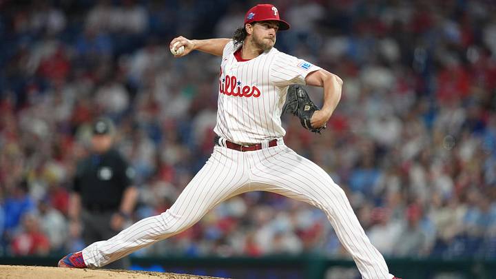 Philadelphia Phillies starting pitcher Aaron Nola (27) throws a pitch against the Chicago Cubs.