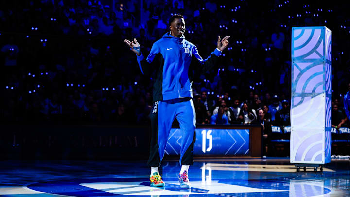 Oct 3, 2025; Durham, NC, USA; Duke Blue Devils center Ifeanyi Ufochukwu (15) is introduced during player introductions at the Countdown to Craziness at the Cameron Indoor Stadium. Mandatory Credit: Jaylynn Nash-Imagn Images