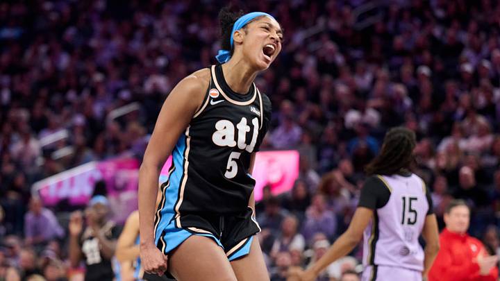 Jun 26, 2026; San Francisco, California, USA; Atlanta Dream forward Angel Reese (5) reacts after making a basket against the Golden State Valkyries during the fourth quarter at Chase Center. Mandatory Credit: Robert Edwards-Imagn Images