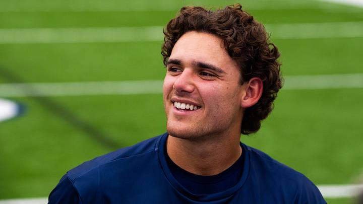 Penn State quarterback Rocco Becht talks with reporters during football media day in Holuba Hall, Friday, August 7, 2026, in State College.