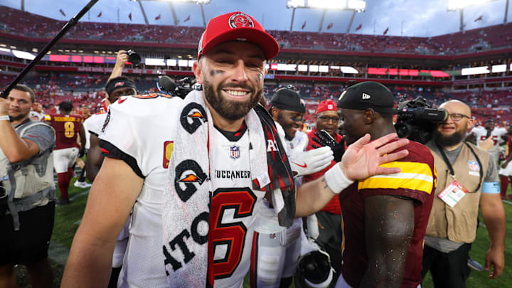 Sep 8, 2024; Tampa, Florida, USA; Tampa Bay Buccaneers quarterback Baker Mayfield (6) celebrates after beating the Washington Commanders at Raymond James Stadium. Mandatory Credit: Nathan Ray Seebeck-Imagn Images