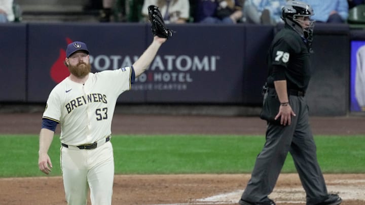 Milwaukee Brewers pitcher Brandon Woodruff (53) reacts after giving up a three-run home run to Arizona Diamondbacks outfielder Lourdes Gurriel Jr. during the sixth inning of their game Monday, August 25, 2025 at American Family Field in Milwaukee, Wisconsin.]