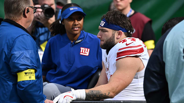 Oct 26, 2025; Philadelphia, Pennsylvania, USA; New York Giants running back Cam Skattebo (44) is carted off the field with a leg injury during the second quarter against the Philadelphia Eagles at Lincoln Financial Field. Oct 26, 2025; Philadelphia, Pennsylvania, USA; New York Giants running back Cam Skattebo (44) is carted off the field with a leg injury during the second quarter against the Philadelphia Eagles at Lincoln Financial Field.
